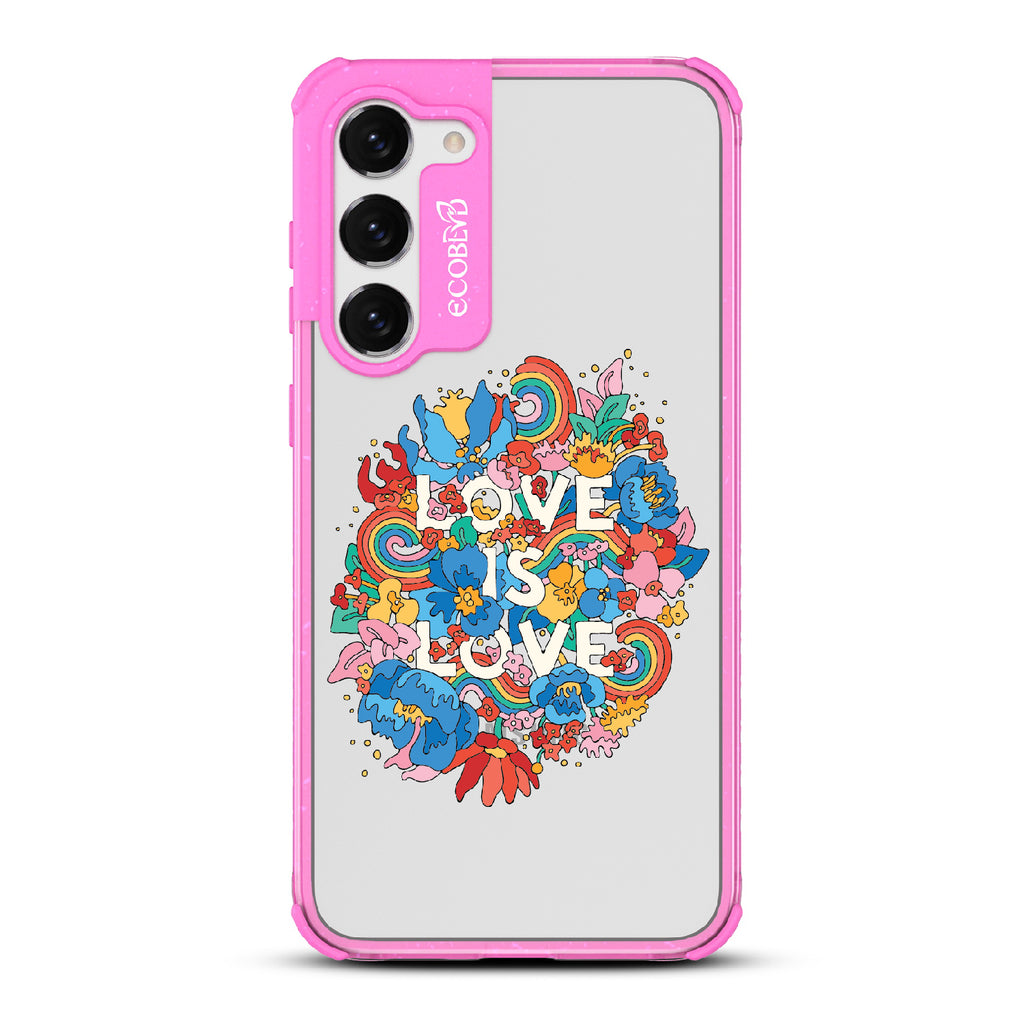 Ever-Blooming Love - Pink Eco-Friendly Galaxy S23 Case With Rainbows + Flowers, Love Is Love On A Clear Back