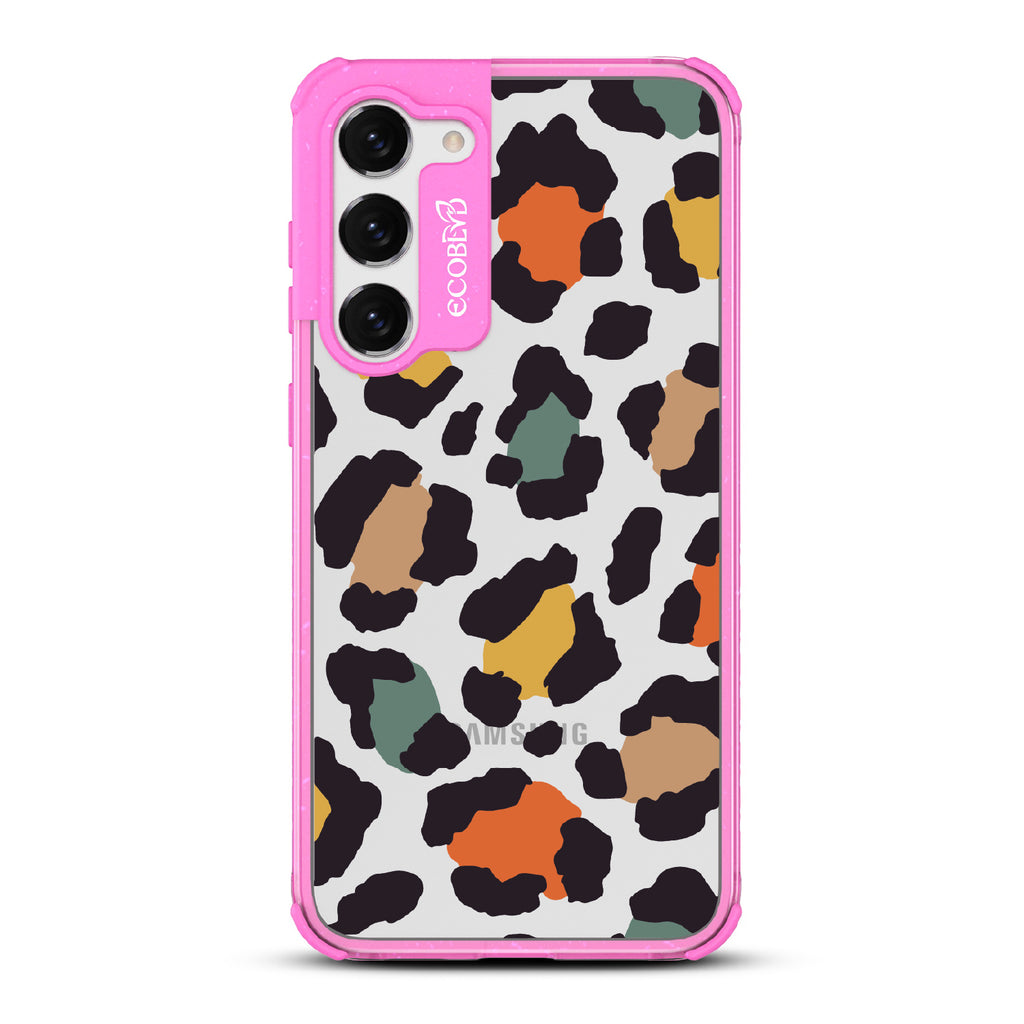 Cheetahlicious - Pink Eco-Friendly Galaxy S23 Plus Case With Multi-Colored Cheetah Print On A Clear Back