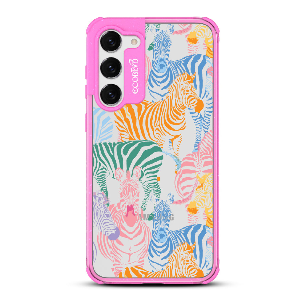 Colorful Herd - Pink Eco-Friendly Galaxy S23 Plus Case With Zebras in Multiple Colors On A Clear Back