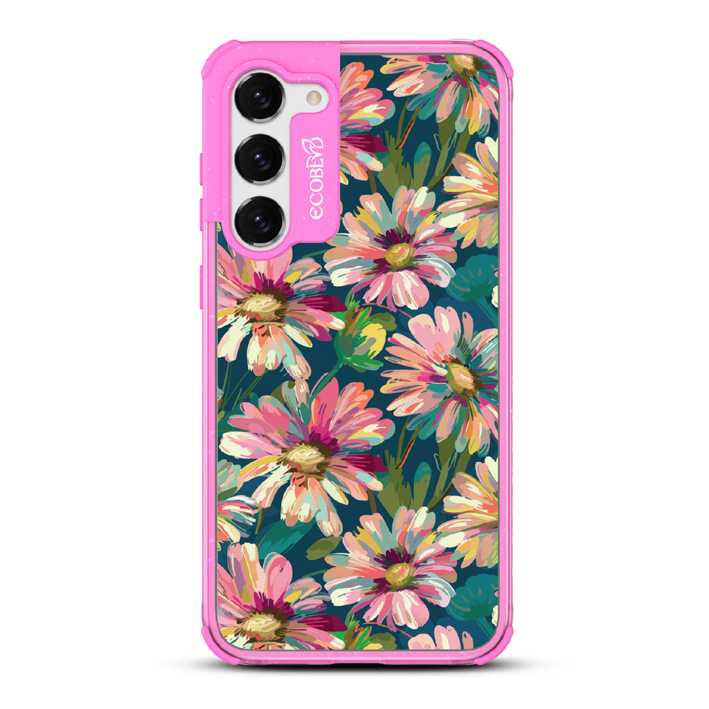Samsung Galaxy S23 Plus case, clear eco-friendly phone case with pink ridges, back view, Daisy Dusk design