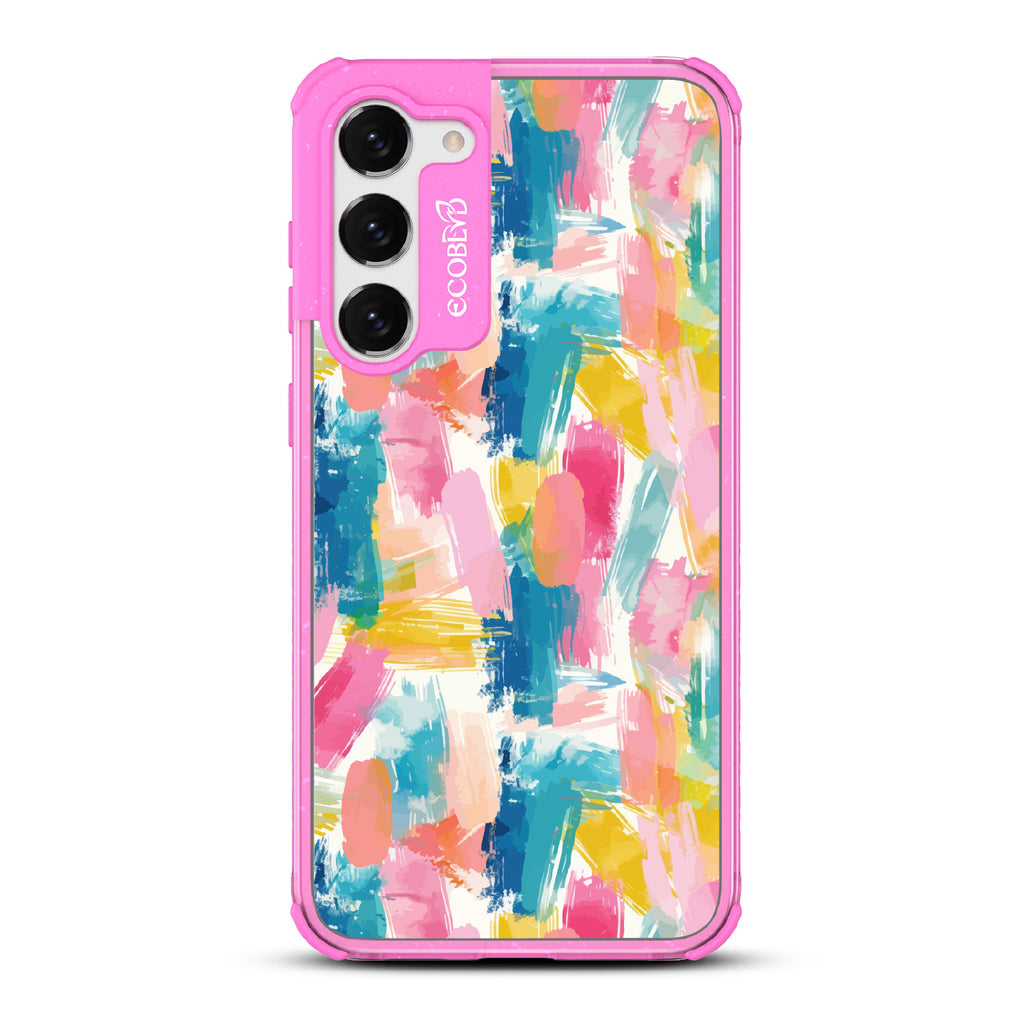 Samsung Galaxy S23 case, clear eco-friendly phone case with pink ridges, back view, Blurred Beauty design