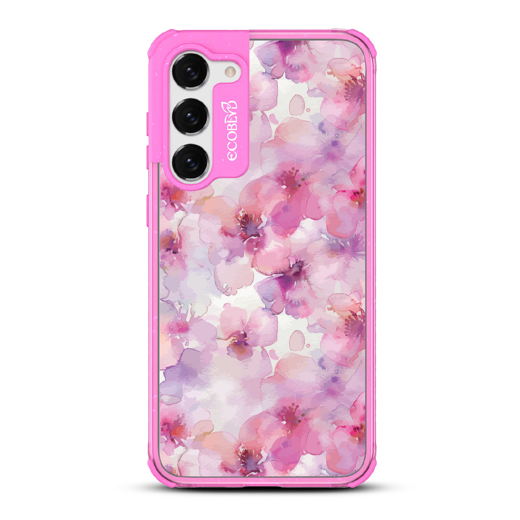 Samsung Galaxy S23 case, clear eco-friendly phone case with pink ridges, back view, Rosewater design