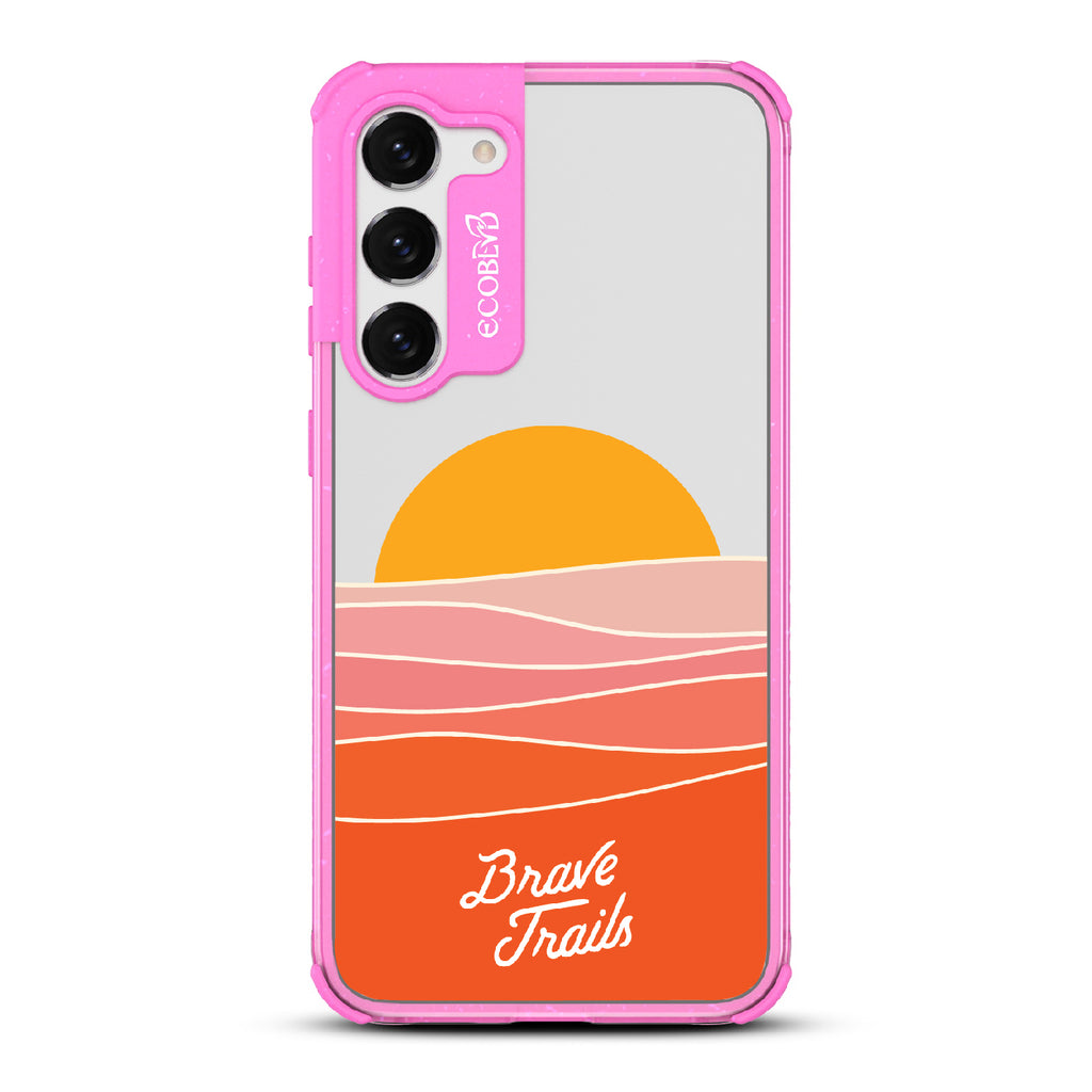 Enlightened X Brave Trails - Pink Eco-Friendly Galaxy S23 Plus Case with Sun Rising Over Minimalist Hillside On Clear Back
