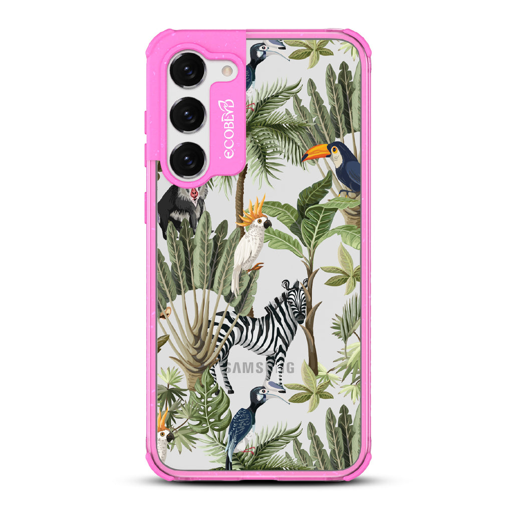Toucan Play That Game - Pink Eco-Friendly Galaxy S23 Plus Case With Jungle Fauna, Toucan, Zebra & More On A Clear Back