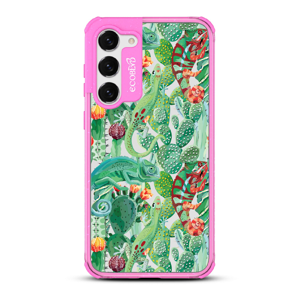 In Plain Sight - Pink Eco-Friendly Galaxy S23 Plus Case With Chameleons On Cacti On A Clear Back