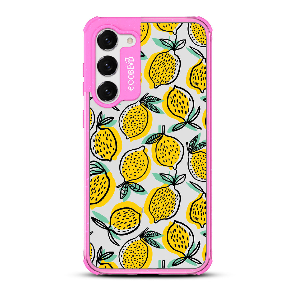 Lemon Drop - Pink Eco-Friendly Galaxy S23 Case With Retro Lemon Print On A Clear Back
