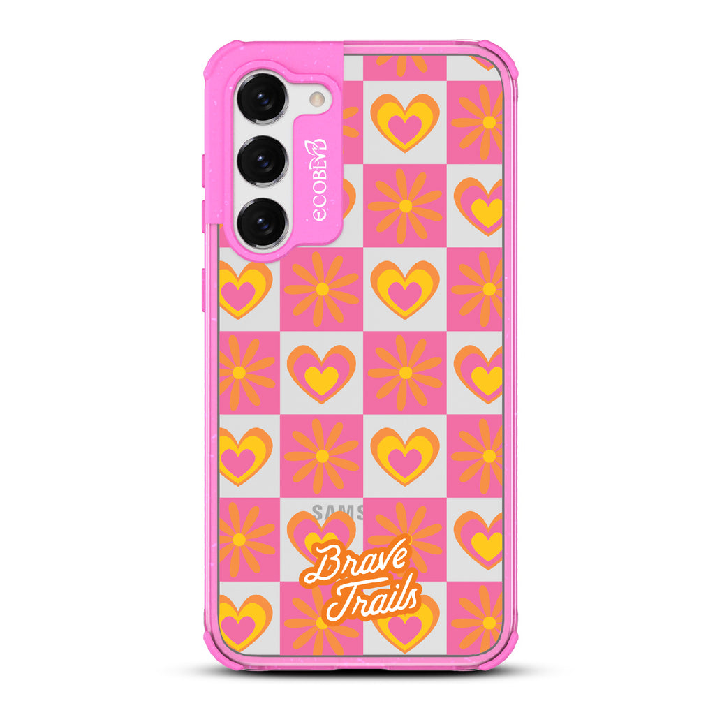 Free Spirit X Brave Trails - Pink Eco-Friendly Galaxy S23 Plus Case with Pink Checkered Hearts & Flowers On Clear Back