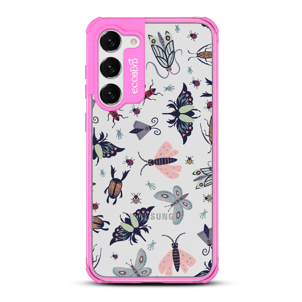 Bug Out - Pink Eco-Friendly Galaxy S23 Case With Butterflies, Moths, Dragonflies, And Beetles On A Clear Back
