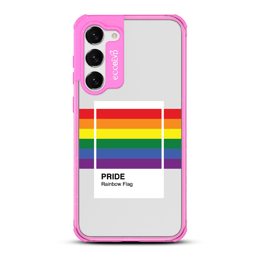 Colors Of Unity - Pink Eco-Friendly Galaxy S23 Case With Pride Rainbow Flag As Pantone Swatch On A Clear Back