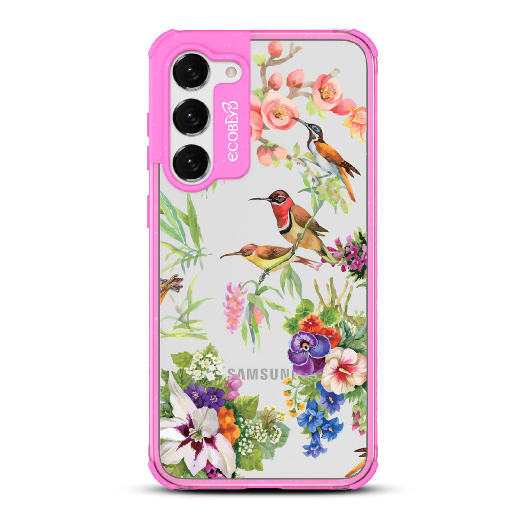 Sweet Nectar - Pink Eco-Friendly Galaxy S23 Plus Case With Humming Birds, Colorful Garden Flowers On A Clear Back