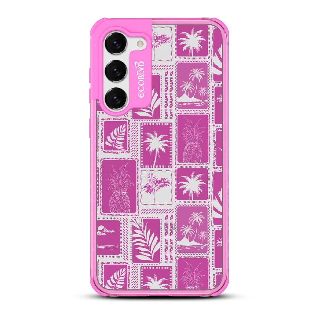 Oasis - Pink Eco-Friendly Galaxy S23 Case With Tropical Shirt Palm Trees & Pineapple Print On A Clear Back