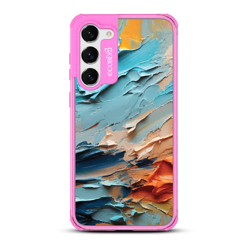 Samsung Galaxy S23 Plus case, clear eco-friendly phone case with pink ridges, back view, Frame of Mind design