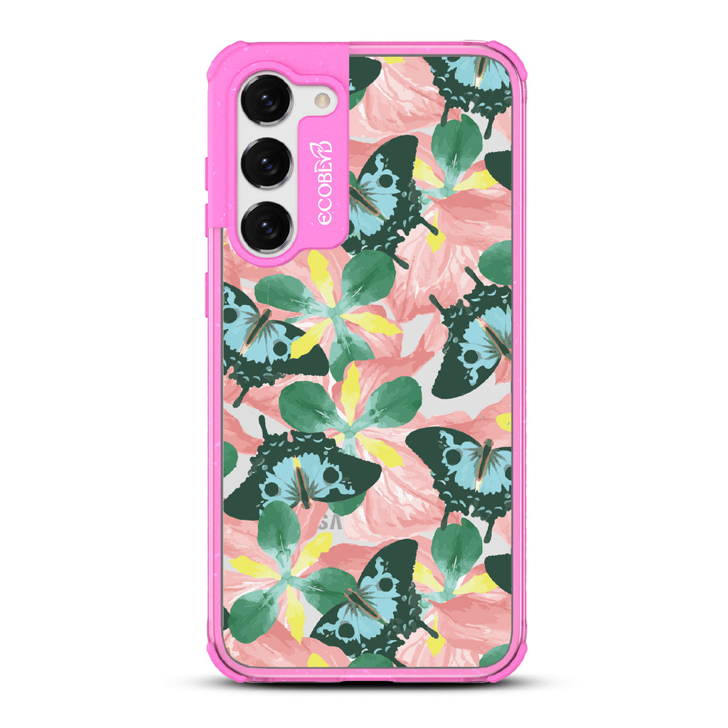 Fluttering Bouquet - Pink Eco-Friendly Galaxy S23 Case With Blue & Green Butterflies, Pink Florals On A Clear Back