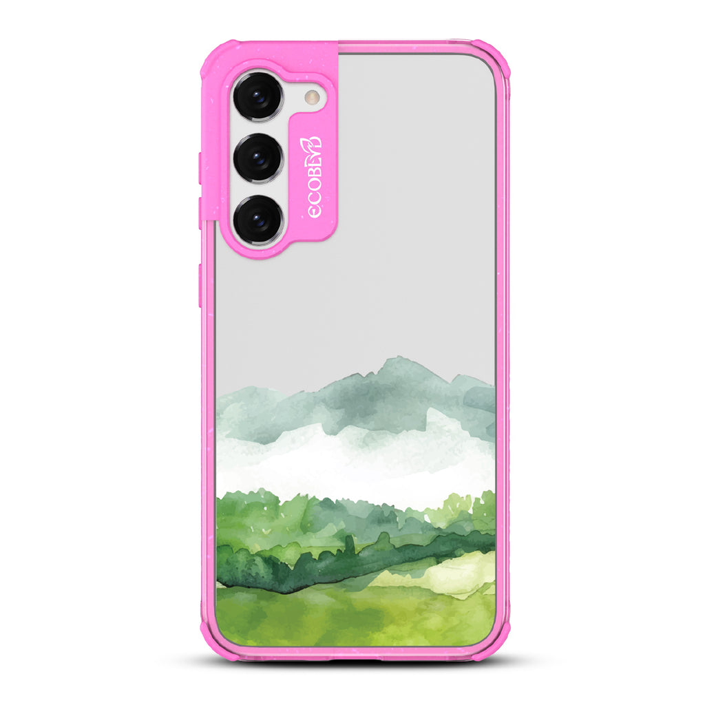 Samsung Galaxy S23 case, clear eco-friendly phone case with pink ridges, back view, Open Horizon design
