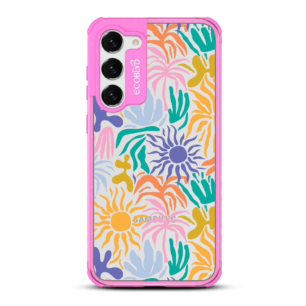 Sun-Kissed - Pink Eco-Friendly Galaxy S23 Case With Sunflower Print + The Sun As The Flower On A Clear Back