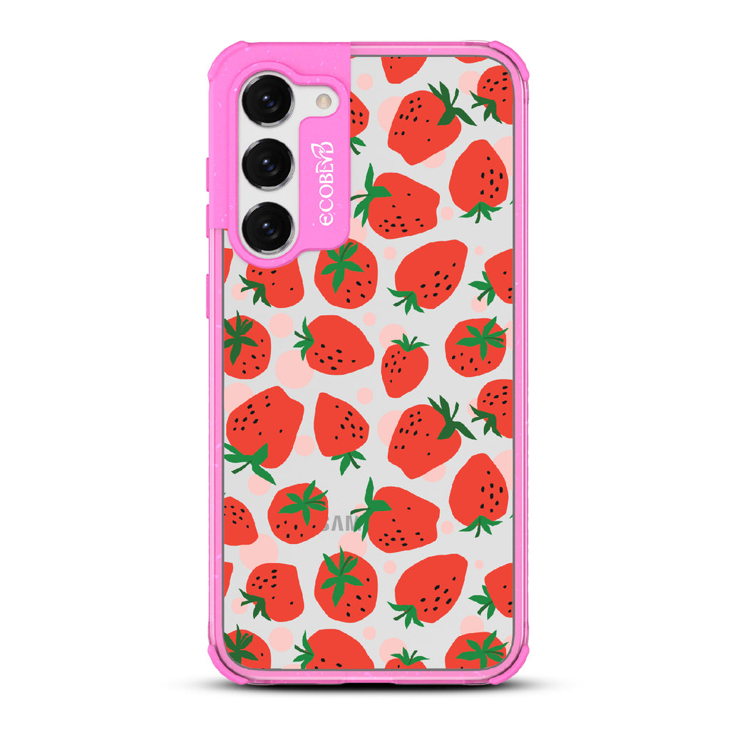 Strawberry Fields - Pink Eco-Friendly Galaxy S23 Case With Strawberries On A Clear Back