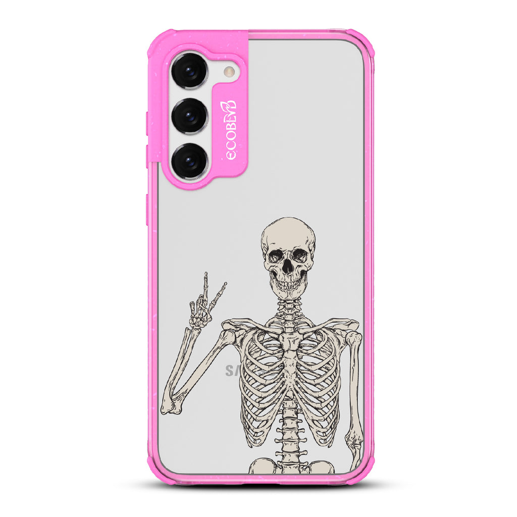 Creepin??????It Real - Pink Eco-Friendly Galaxy S23 Plus Case With Skeleton Giving A Peace Sign On A Clear Back