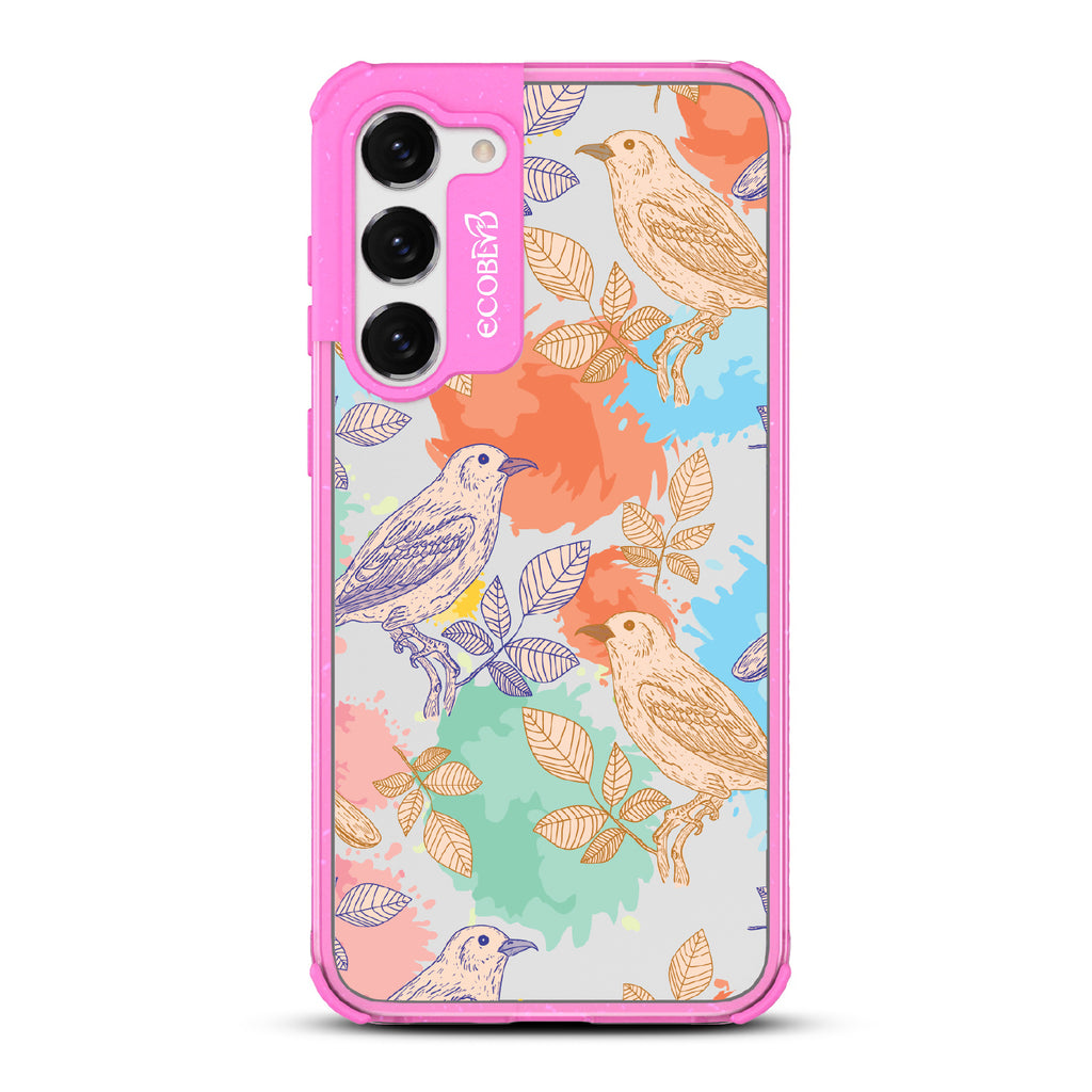Perch Perfect - Pink Eco-Friendly Galaxy S23 Plus Case With Birds On Branches & Splashes Of Color On A Clear Back