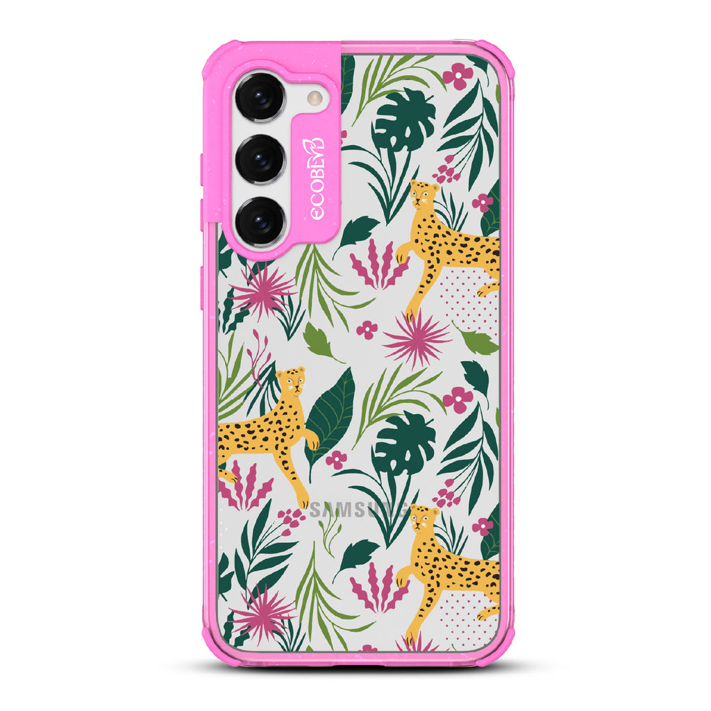 Jungle Boogie - Pink Eco-Friendly Galalxy S23 Case With Cheetahs Among Lush Colorful Jungle Foliage On A Clear Back