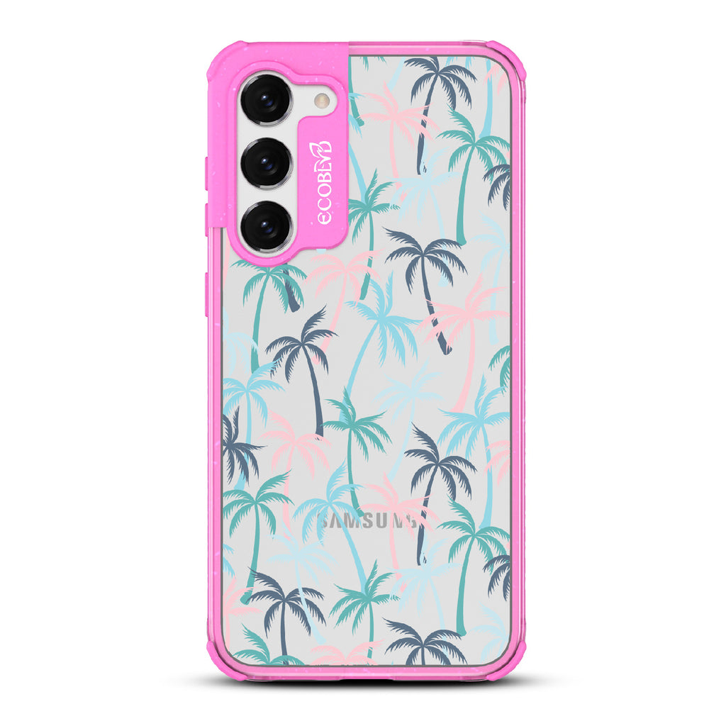 Cruel Summer - Pink Eco-Friendly Galaxy S23 Case With Hotline Miami Colored Tropical Palm Trees On A Clear Back