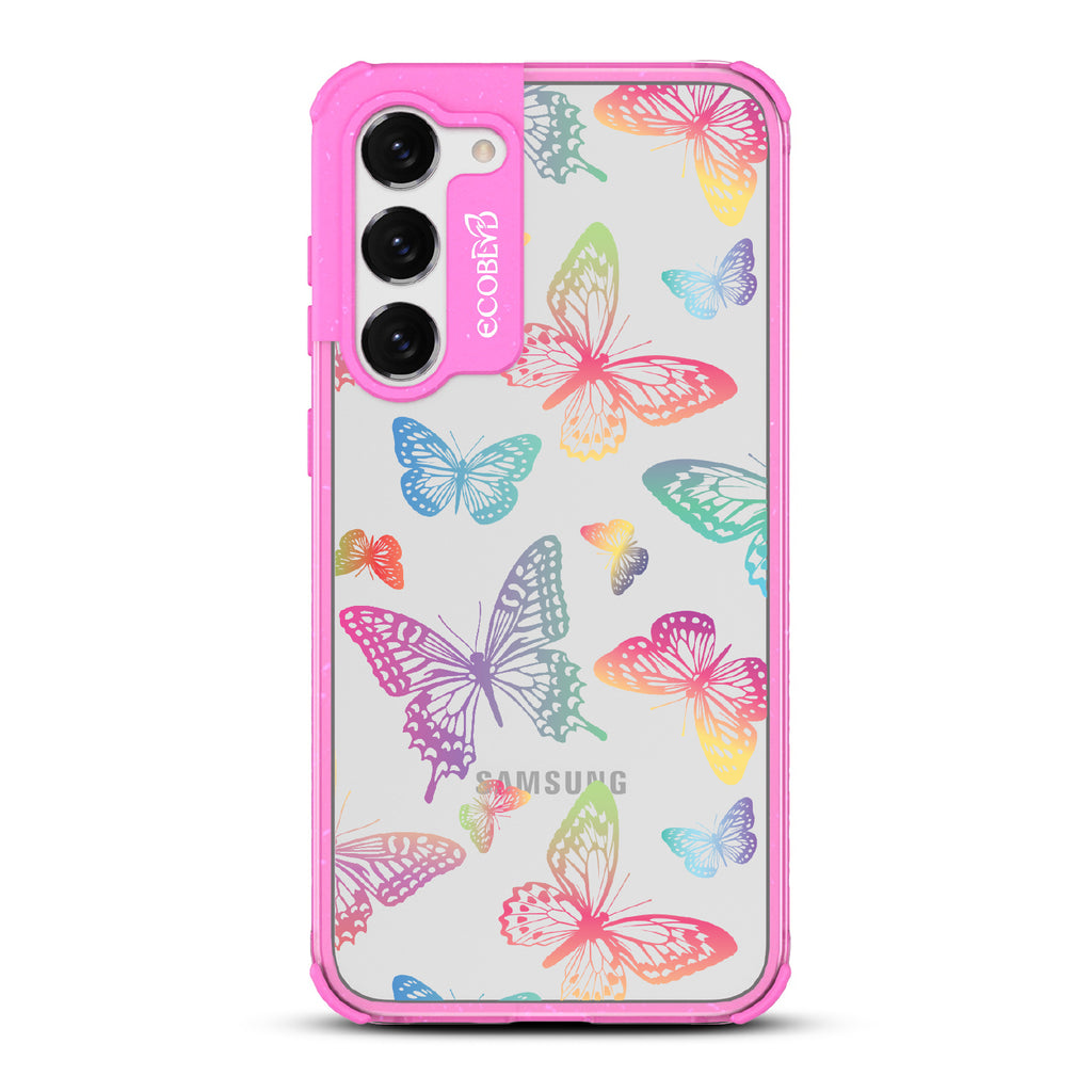 Butterfly Effect - Pink Eco-Friendly Galaxy S23 Case With Multi-Colored Neon Butterflies On A Clear Back