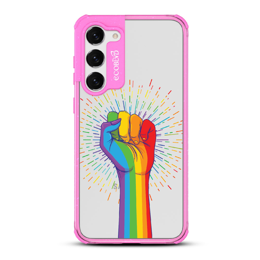 Rise With Pride - Pink Eco-Friendly Galaxy S23 Plus Case With Raised Fist In Rainbow Colors On A Clear Back