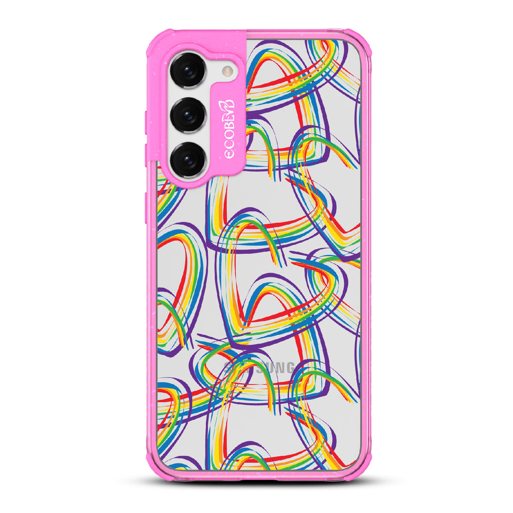 One Love - Pink Eco-Friendly Galaxy S23 Case With Brush Stroke Rainbow Hearts On A Clear Back