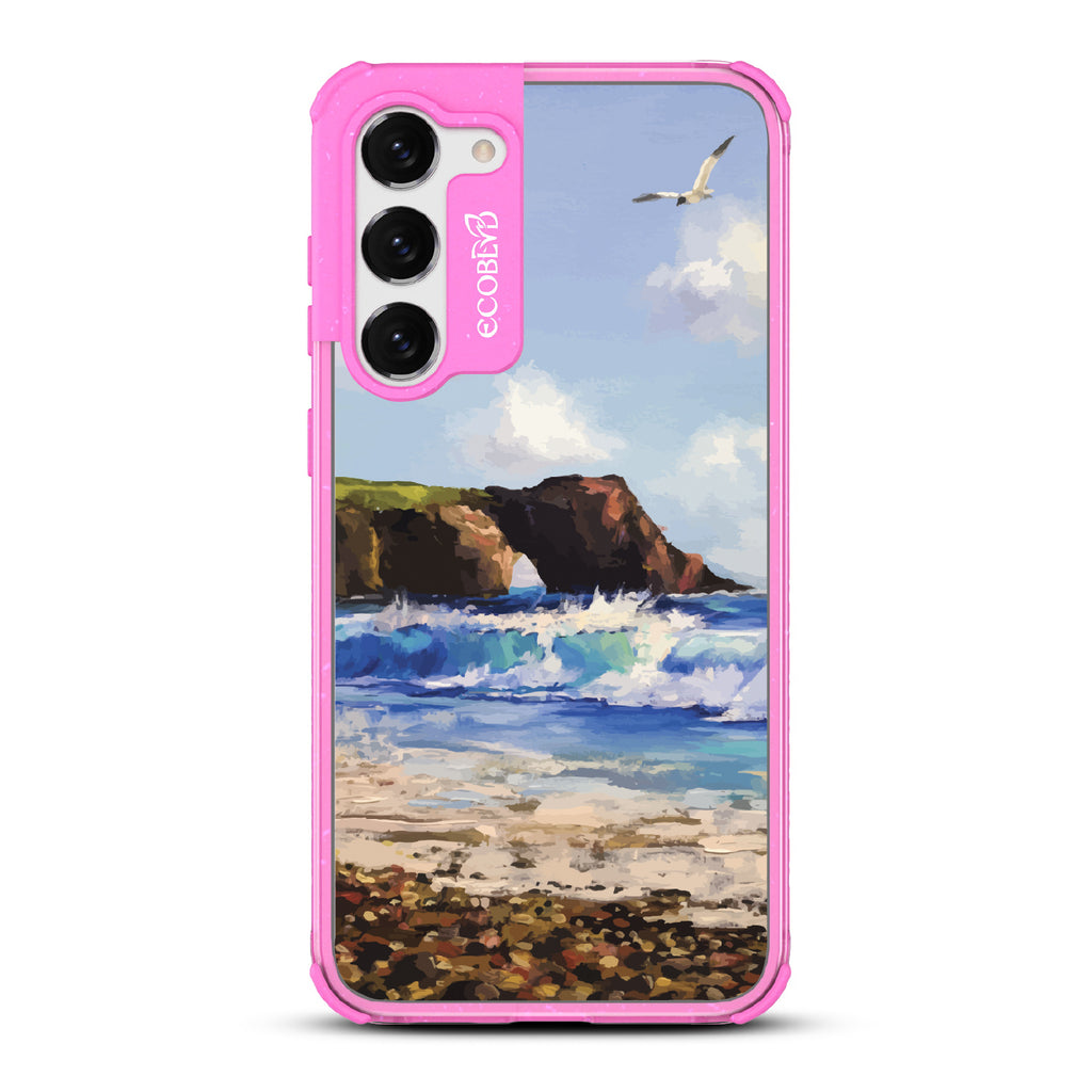 Samsung Galaxy S23 case, clear eco-friendly phone case with pink ridges, back view, Cliffhanger design