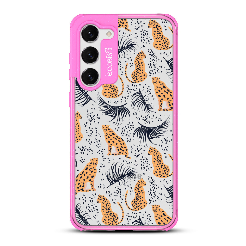 Feline Fierce - Pink Eco-Friendly Galaxy S23 Plus Case With Minimalist Cheetahs With Spots and Reeds On A Clear Back