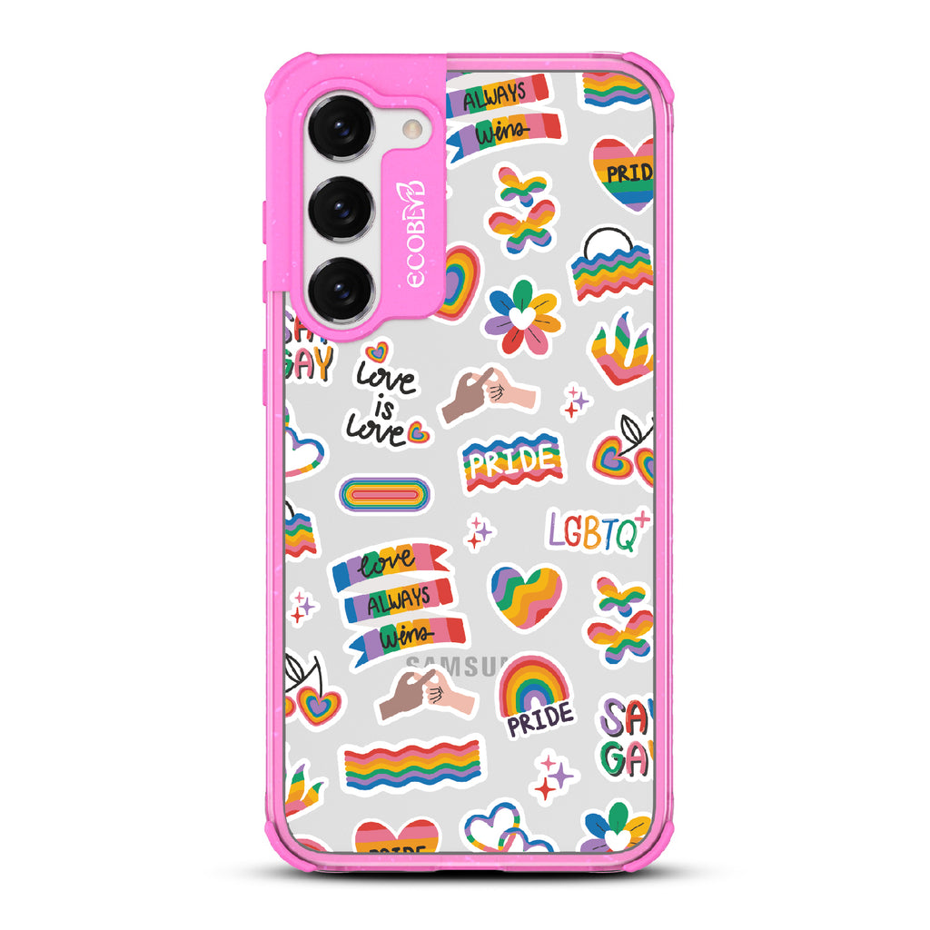 Loud And Proud - Pink Eco-Friendly Galaxy S23 Plus Case With Pride, Love Aways Wins + More Sticker-Like Prints On A Clear Back
