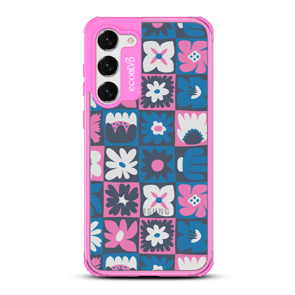 Paradise Blooms - Pink Eco-Friendly Galaxy S23 Case With Tropical Floral Checker Print On A Clear Back
