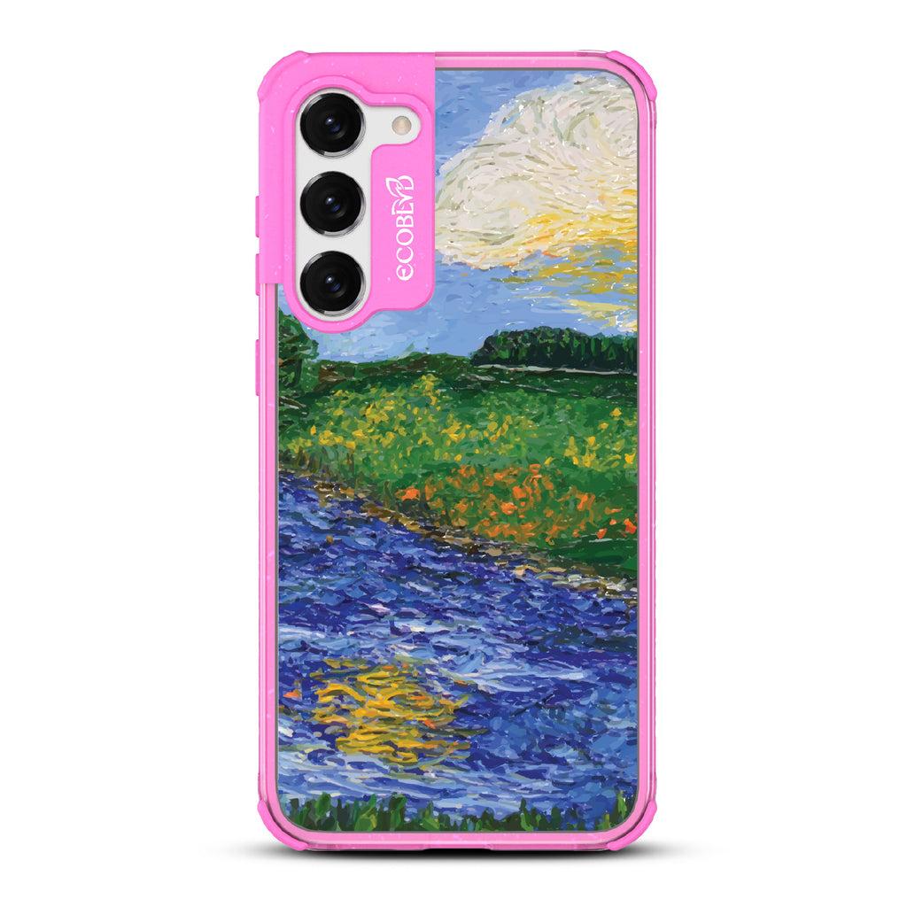 Samsung Galaxy S23 Plus case, clear eco-friendly phone case with pink ridges, back view, Field of Vision design