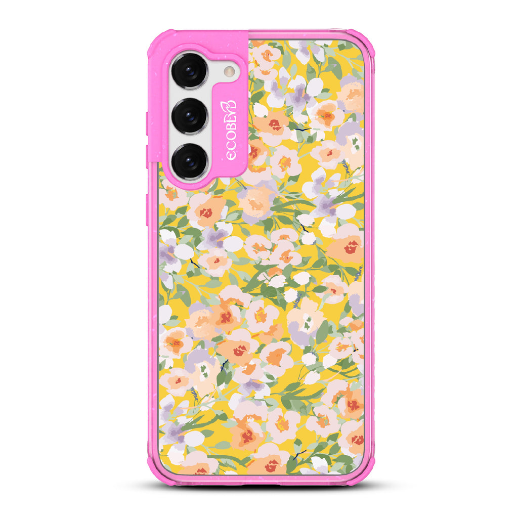 Samsung Galaxy S23 case, clear eco-friendly phone case with pink ridges, back view, Flourish & Shine design