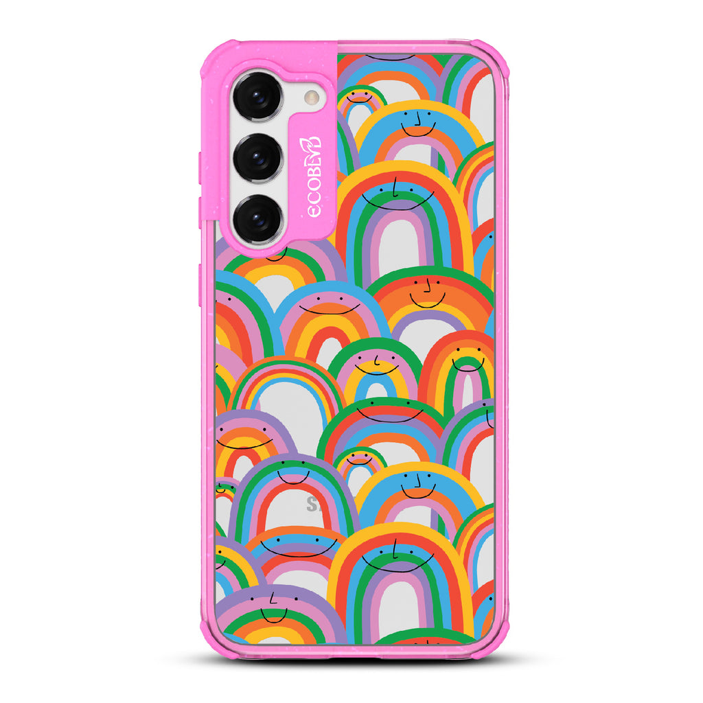 Prideful Smiles - Pink Eco-Friendly Galaxy S23 Case With Rainbows That Have Smiley Faces On A Clear Back