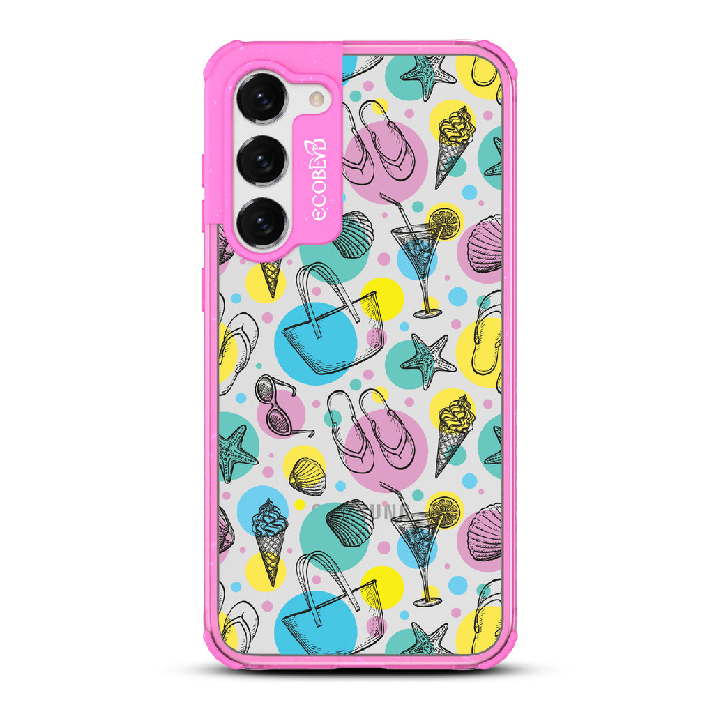Beach Please - Pink Eco-Friendly Galaxy S23 Plus Case With Sandals, Sunglasses, Beach Tote, Ice Cream & More On A Clear Back