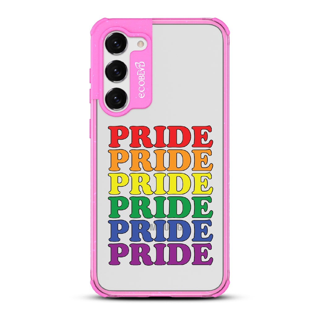 Pride Camp - Pink Eco-Friendly Galaxy S23 Case With Pride Stacked In Multiple Rainbow Colors On A Clear Back