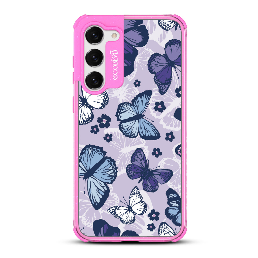 Deja Vu - Pink Eco-Friendly Galaxy S23 Case With Blue, White, Purple Butterflies & Flowers On A Purple / Clear Back