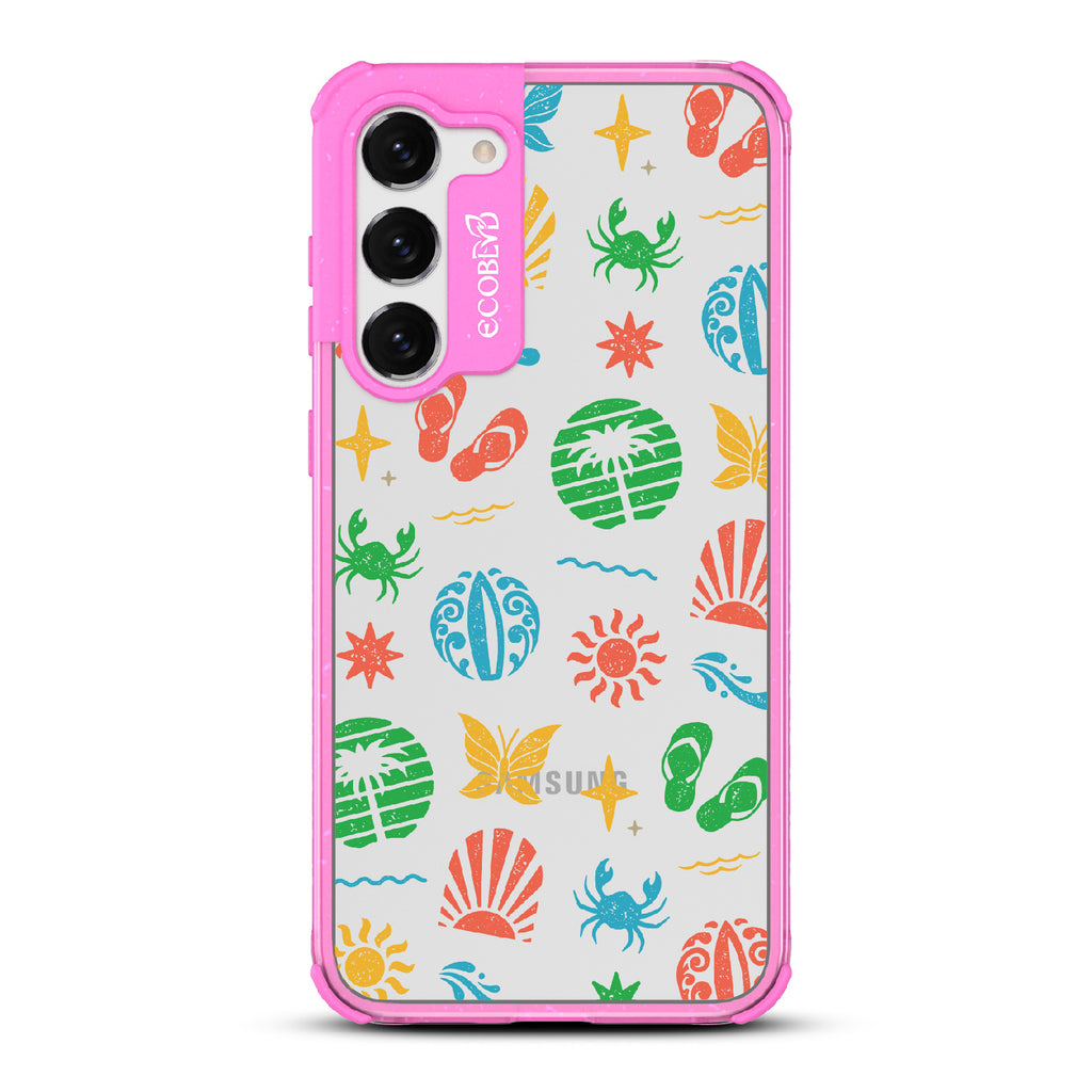 Island Time - Pink Eco-Friendly Galaxy S23 Case With Surfboard Art Of Crabs, Sandals, Waves & More On A Clear Back