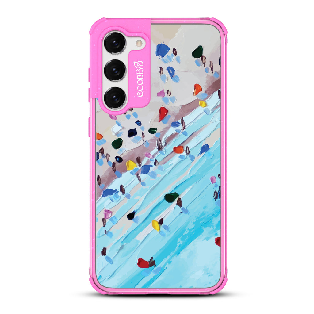 Samsung Galaxy S23 case, clear eco-friendly phone case with pink ridges, back view, Waves of Color design