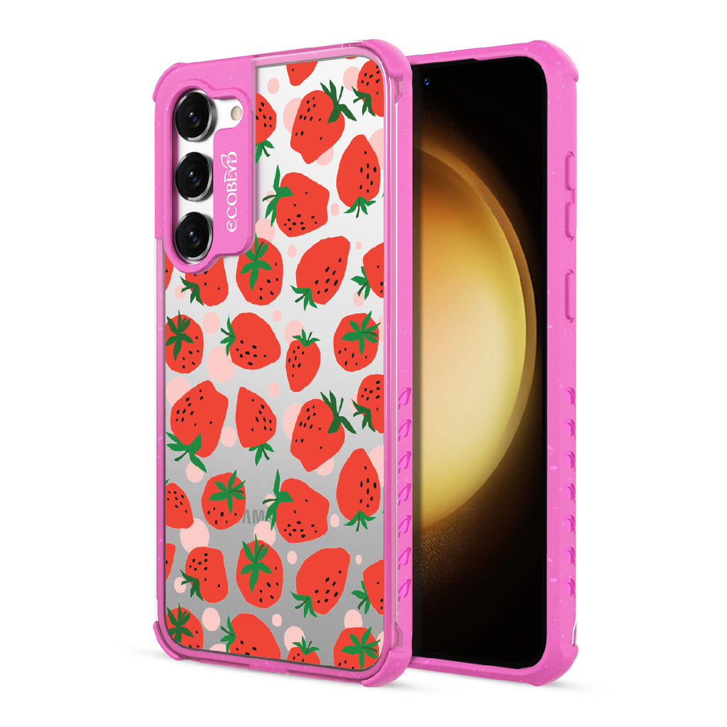 Strawberry Fields - Back View Of Pink & Clear Eco-Friendly Galaxy S23 Case & A Front View Of The Screen
