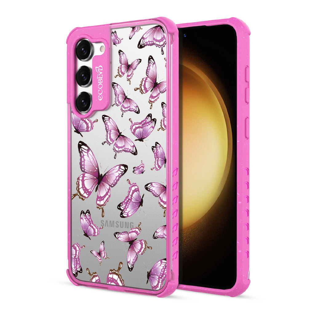 Social Butterfly - Back View Of Pink & Clear Eco-Friendly Galaxy S23 Plus Case & A Front View Of The Screen