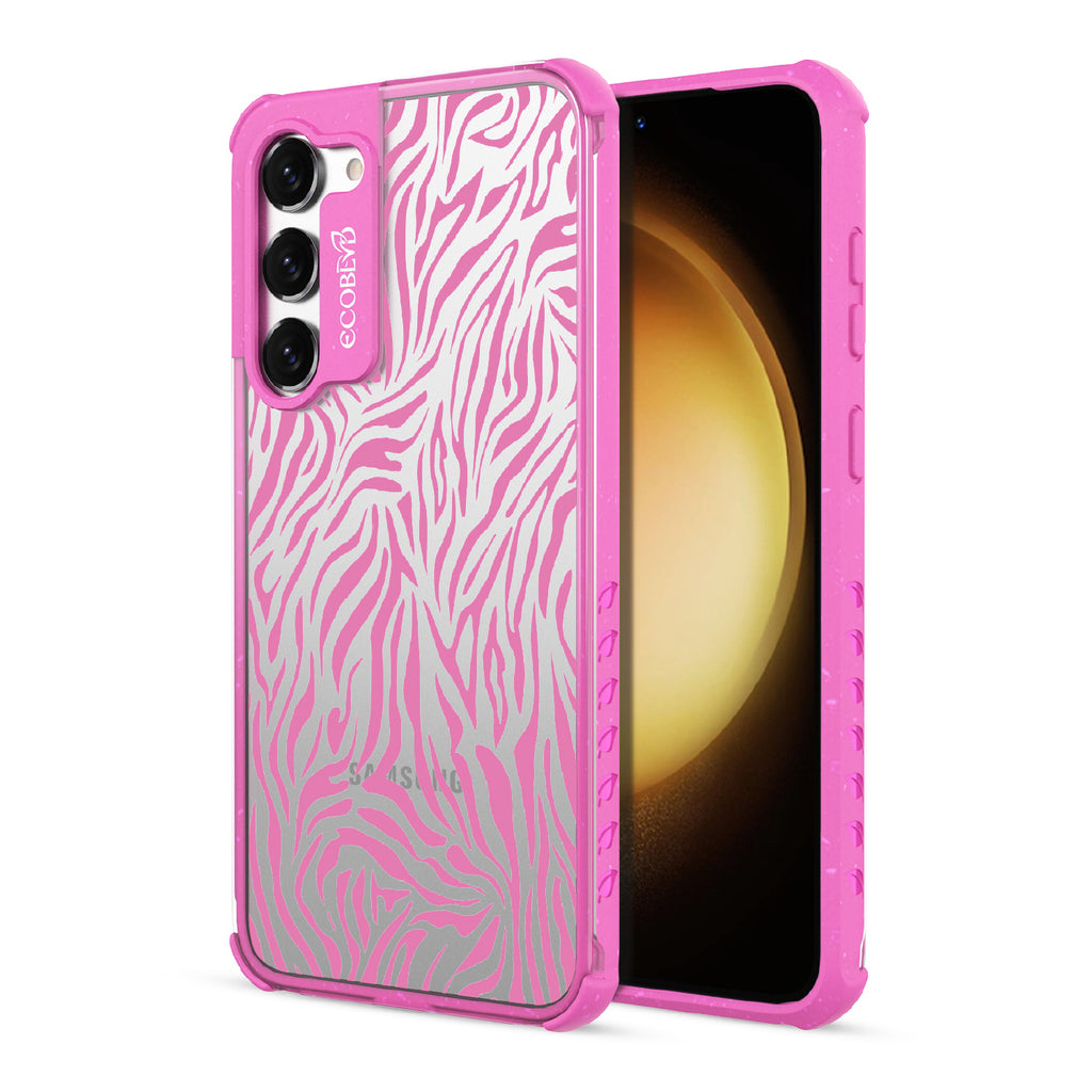 Zebra Print - Back View Of Pink & Clear Eco-Friendly Galaxy S23 Plus Case & A Front View Of The Screen