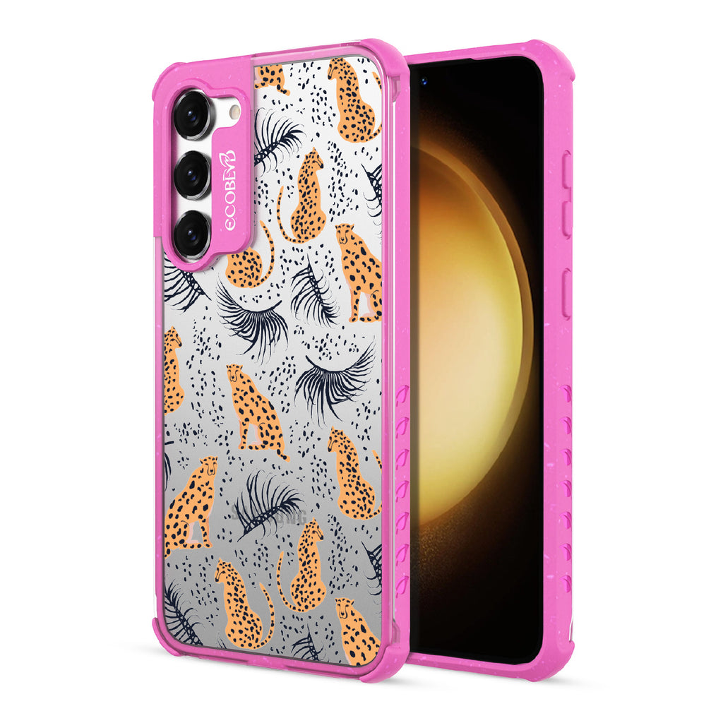 Feline Fierce - Back View Of Pink & Clear Eco-Friendly Galaxy S23 Case & A Front View Of The Screen