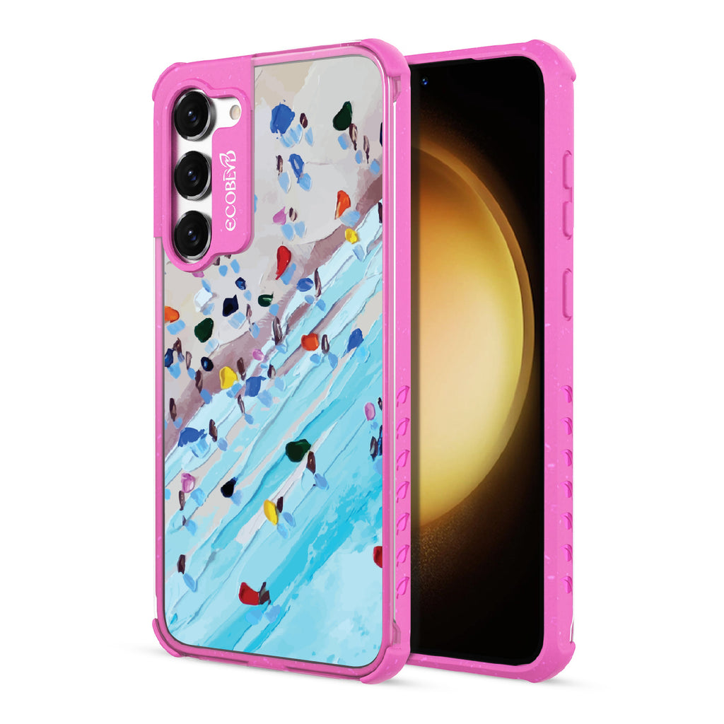 Front and back view of Samsung Galaxy S23 case, clear compostable phone case with pink ridges, Waves of Color design