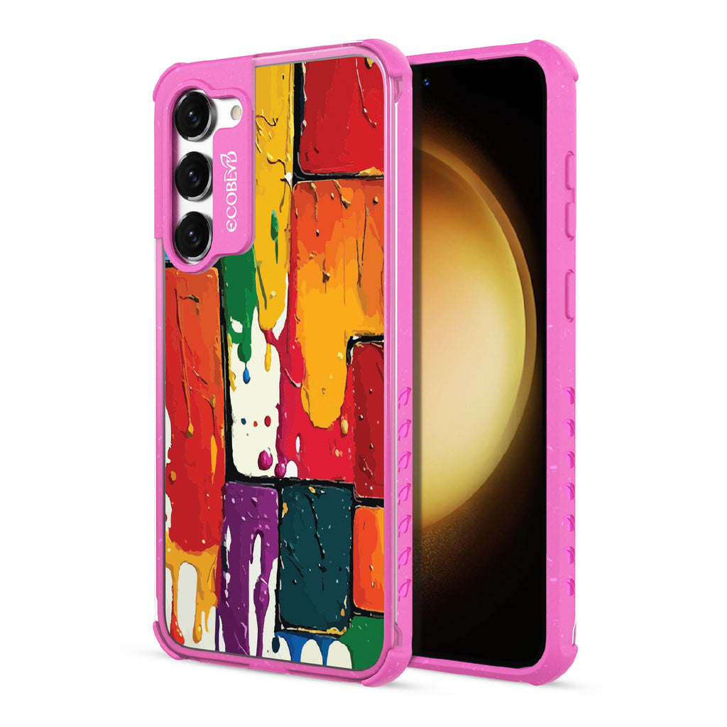 Front and back view of Samsung Galaxy S23  case, clear compostable phone case with pink ridges, Color Me Mine design