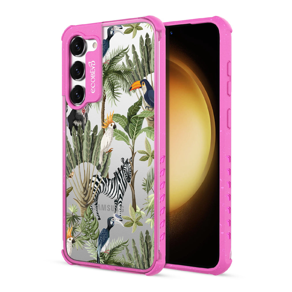 Toucan Play That Game - Back View Of Pink & Clear Eco-Friendly Galaxy S23 Plus Case & A Front View Of The Screen