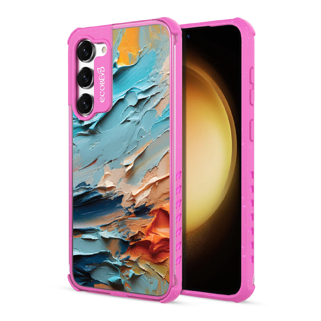 Front and back view of Samsung Galaxy S23 Plus case, clear compostable phone case with pink ridges, Frame of Mind design