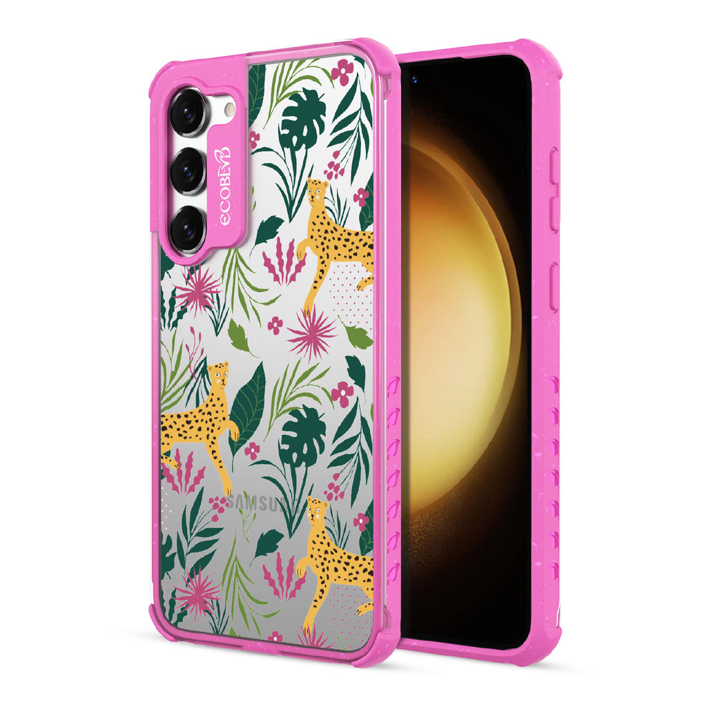 Jungle Boogie - Back View Of Pink & Clear Eco-Friendly Galaxy S23 Plus Case & A Front View Of The Screen