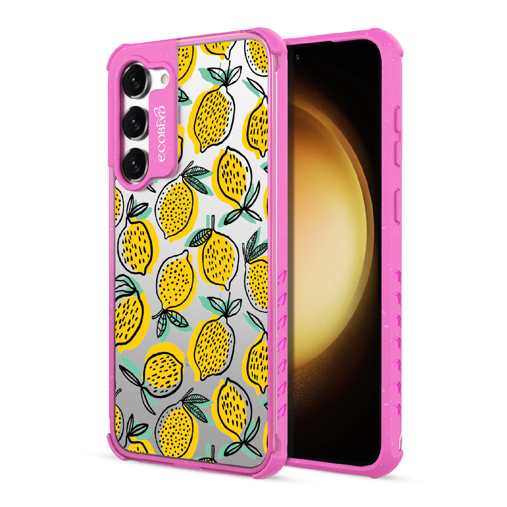 Lemon Drop - Back View Of Pink & Clear Eco-Friendly Galaxy S23 Case & A Front View Of The Screen
