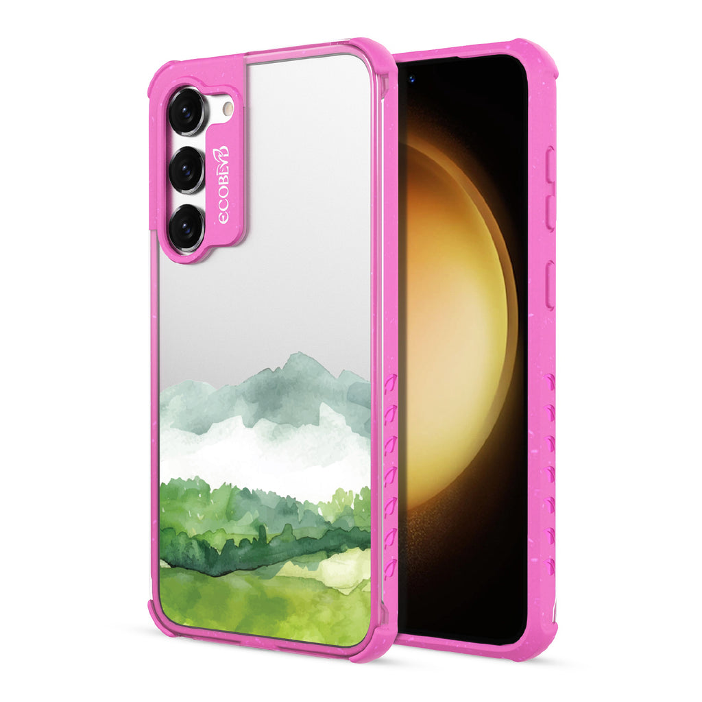 Front and back view of Samsung Galaxy S23 case, clear compostable phone case with pink ridges, Open Horizon design